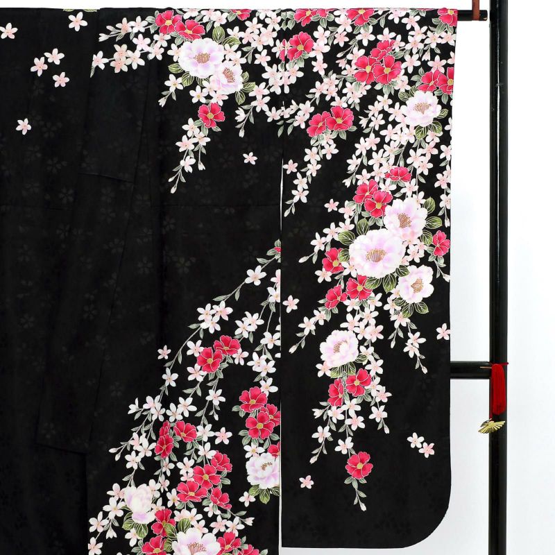 中古品】仕立て上がり 振袖「桃の花 黒」貸衣装処分 レンタル
