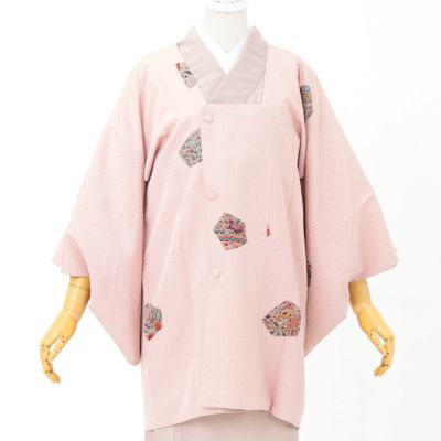 中古品】道行コート「小花柄、更紗 灰桜」着物コート 和装コート