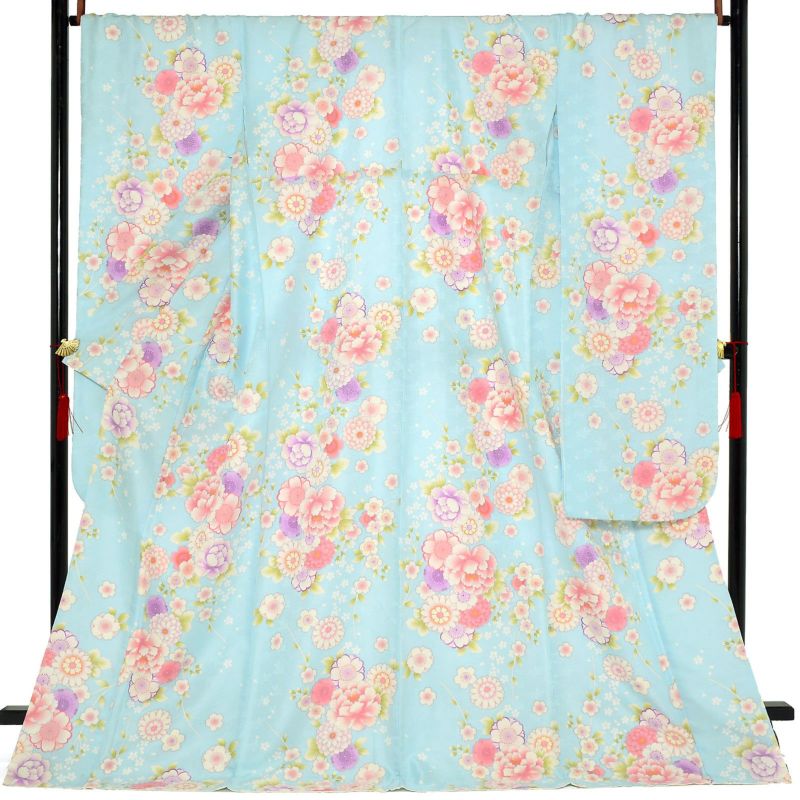 【中古品】仕立て上がり 振袖「牡丹に菊 桜 水色」貸衣装処分 レンタル処分品 成人式