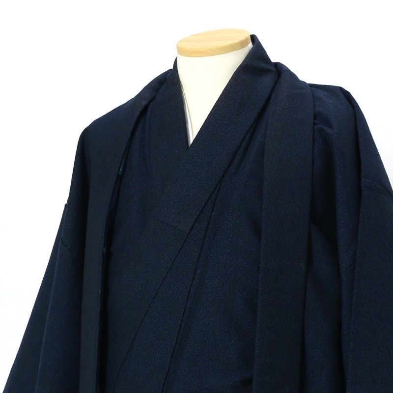 【中古品】男性 羽織+着物 アンサンブル 「紺×青」リサイクル 単衣 メンズ 和装