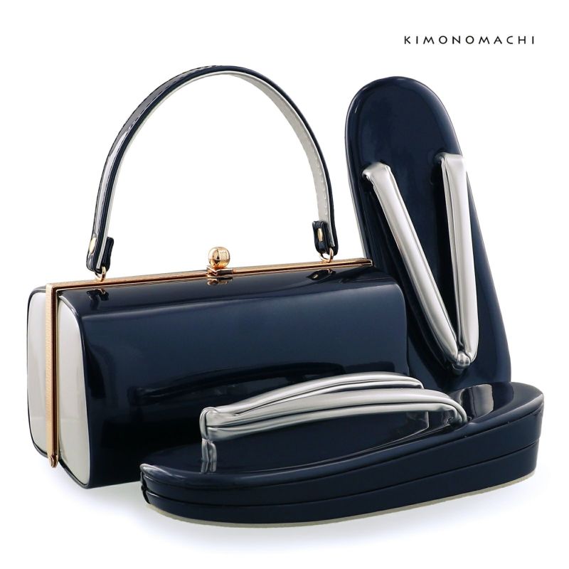 振袖 草履 バッグ 成人式「深藍×銀」Fサイズ レディース 振袖用草履バッグセット エナメル 無地 振袖 草履 バッグ【メール便不可】