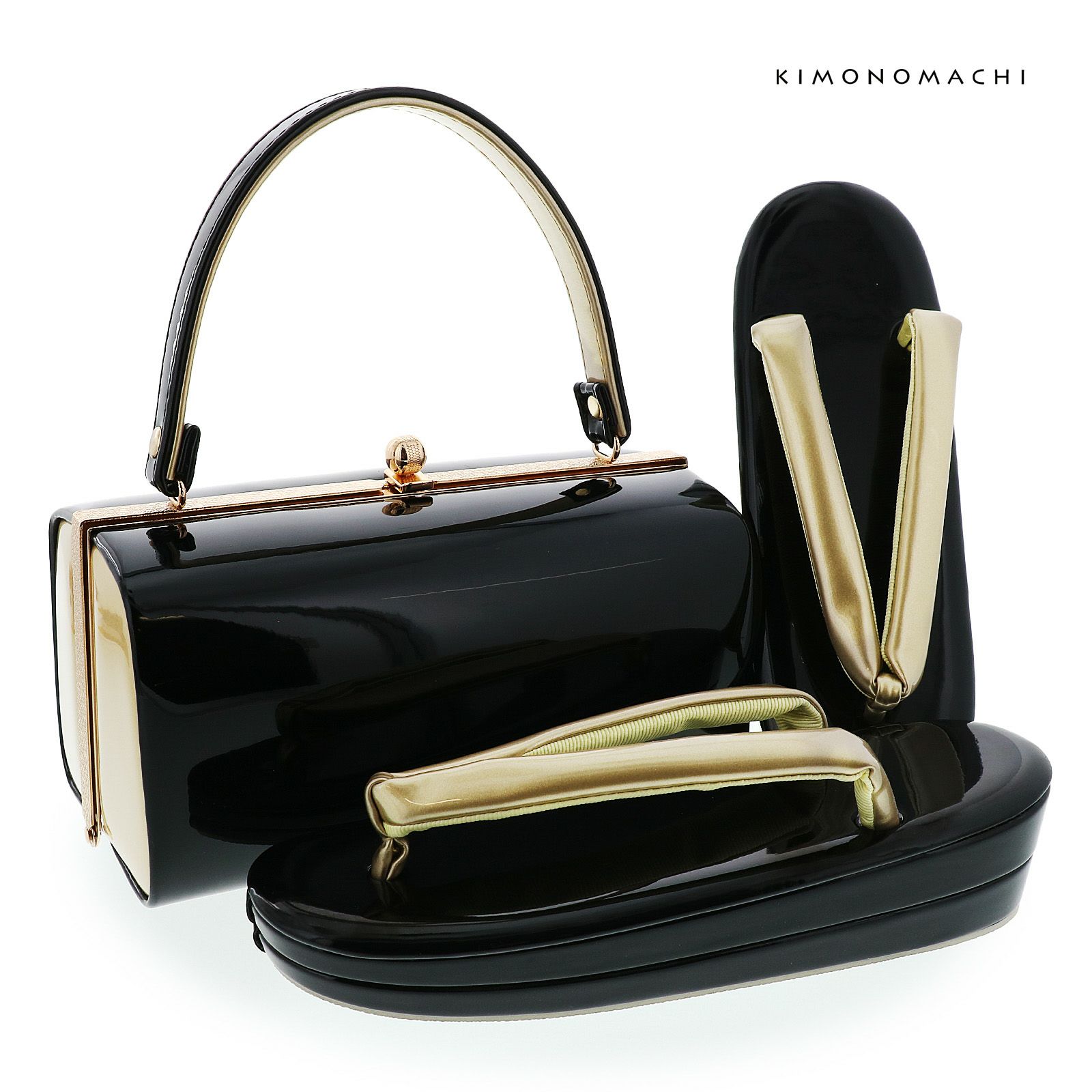 振袖 草履 バッグ 成人式「黒×金」Fサイズ レディース 振袖用草履バッグセット エナメル 無地 振袖 草履 バッグ【メール便不可】