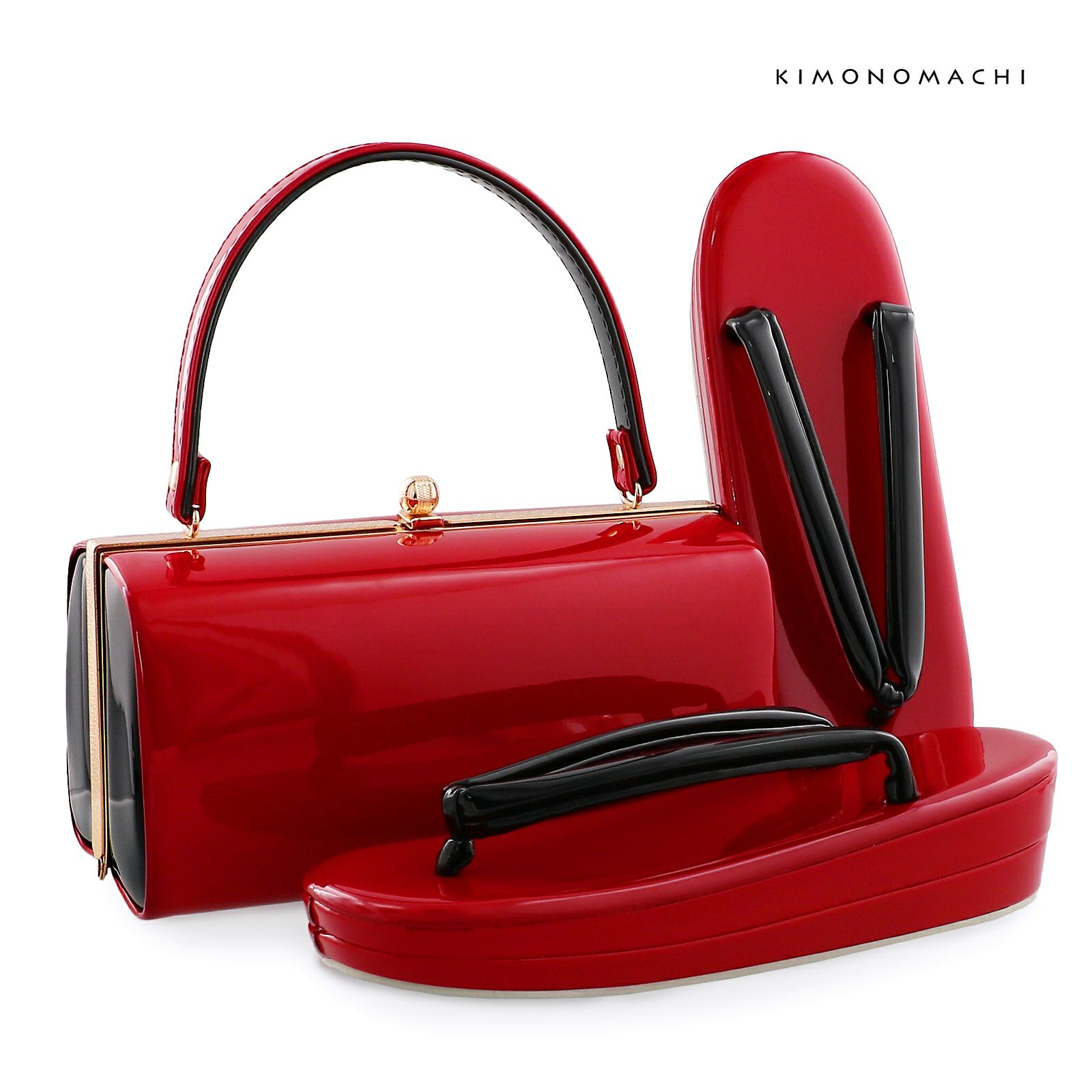 振袖 草履 バッグ 成人式「深紅×黒」Fサイズ レディース 振袖用草履バッグセット エナメル 無地 振袖 草履 バッグ【メール便不可】