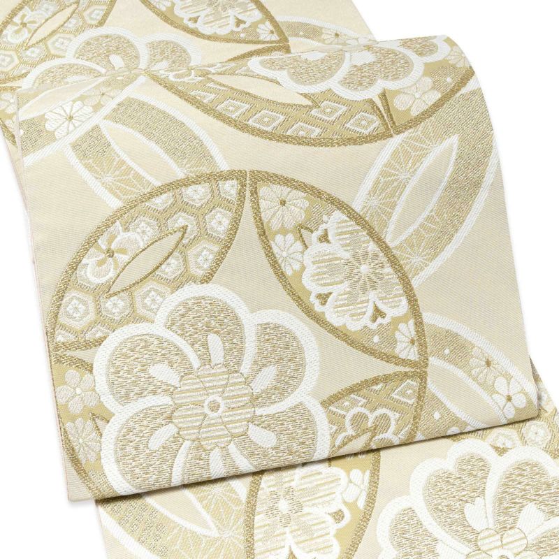 振袖 袋帯 単品「象牙色地、白金×砂色 ねじ花に七宝」六通柄 日本製 お仕立て上がり 振袖用 袋帯 お仕立て済 振袖帯 結婚式 成人式 フォーマル【メール便不可】