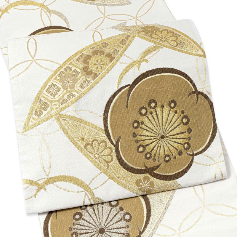 振袖 袋帯 単品「白地、金 輪違いに梅」六通柄 日本製 お仕立て上がり 振袖用 袋帯 お仕立て済 振袖帯 結婚式 成人式 フォーマル【メール便不可】