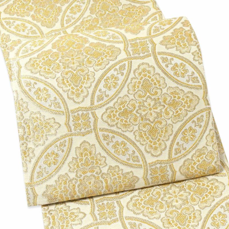 振袖 袋帯 単品「生成り色×金 輪違に唐花」六通柄 日本製 お仕立て上がり 振袖用 袋帯 お仕立て済 振袖帯 結婚式 成人式 フォーマル【メール便不可】