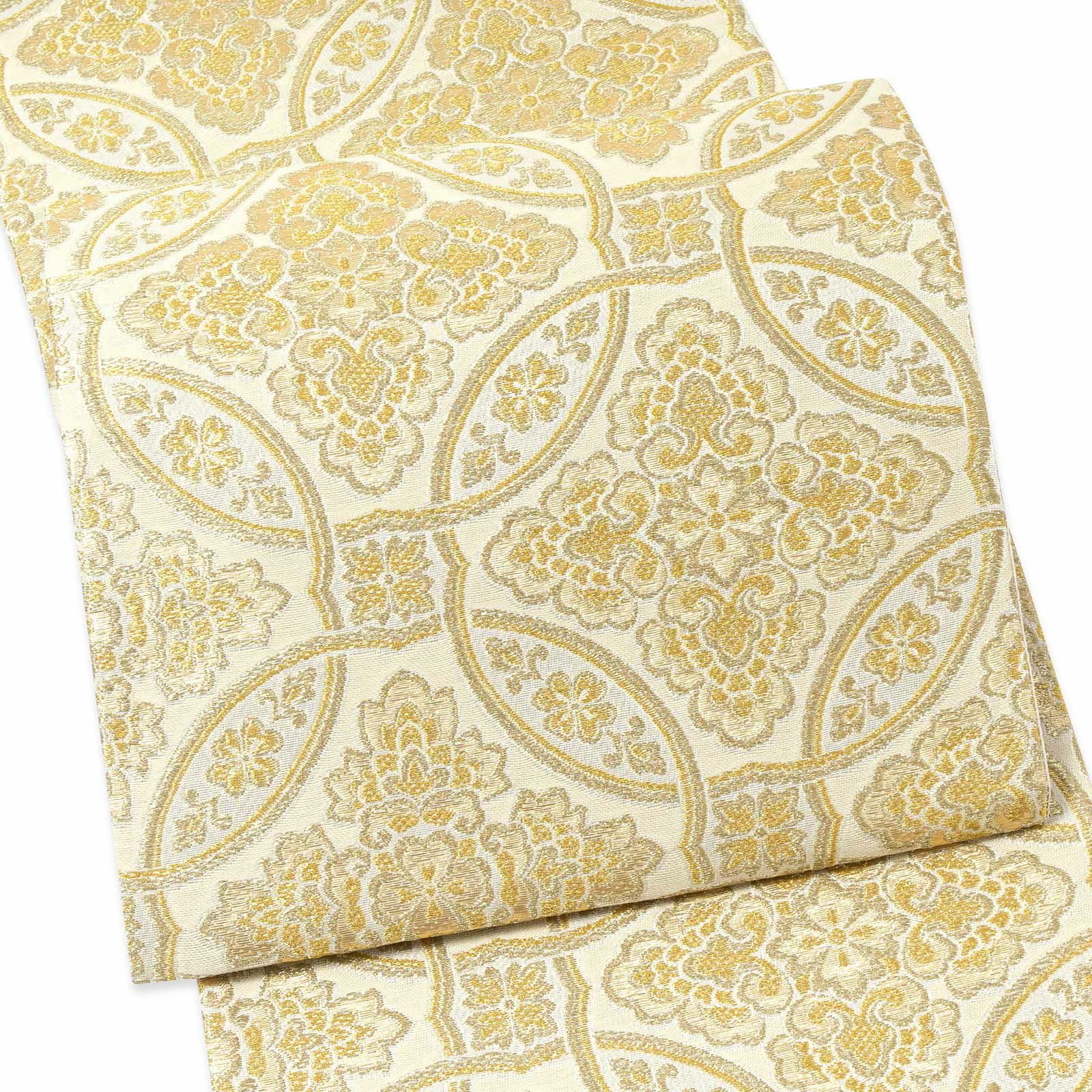 振袖 袋帯 単品「生成り色×金 輪違に唐花」六通柄 日本製 お仕立て上がり 振袖用 袋帯 お仕立て済 振袖帯 結婚式 成人式 フォーマル【メール便不可】