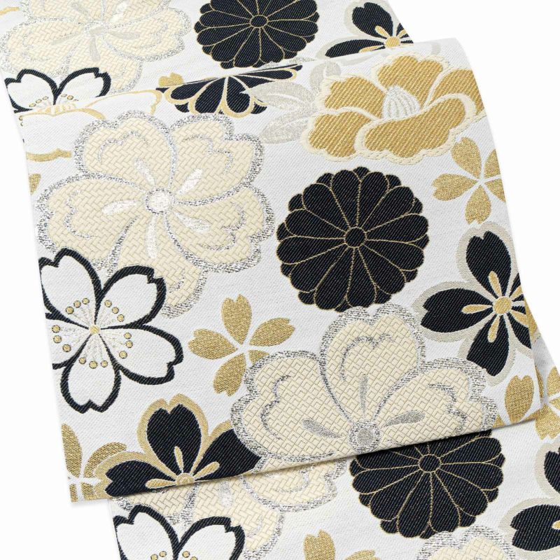 振袖 袋帯 単品「白地、黒×生成り色 四季花紋」六通柄 日本製 お仕立て上がり 振袖用 袋帯 お仕立て済 振袖帯 結婚式 成人式 フォーマル【メール便不可】