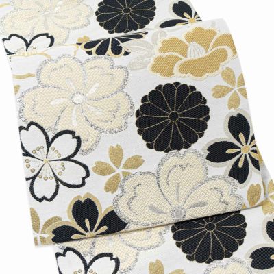 振袖 袋帯 単品「白地、黒×生成り色 四季花紋」六通柄 日本製 お仕立て上がり 振袖用 袋帯 お仕立て済 振袖帯 結婚式 成人式 フォーマル【メール便不可】