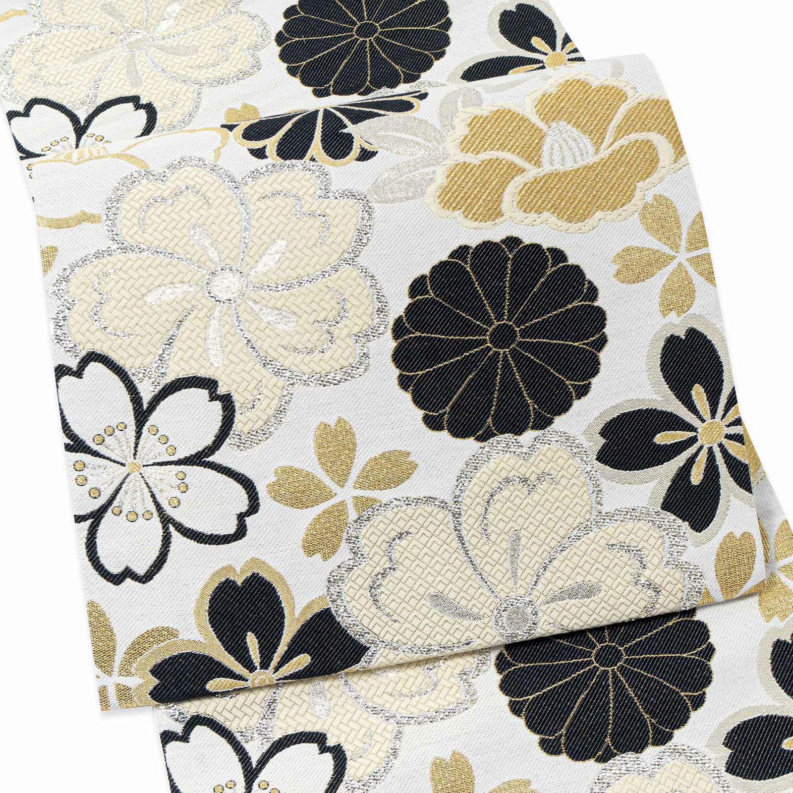 正絹 払わさ 袋帯 振袖用可 オフ白 花菱 孔雀 牡丹 宝相華 藤 六 