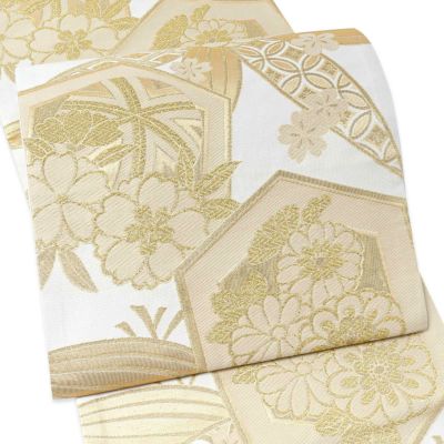 振袖 袋帯 単品「白×金 笹に亀甲、花」六通柄 日本製 お仕立て上がり 振袖用 袋帯 お仕立て済 振袖帯 結婚式 成人式 フォーマル【メール便不可】