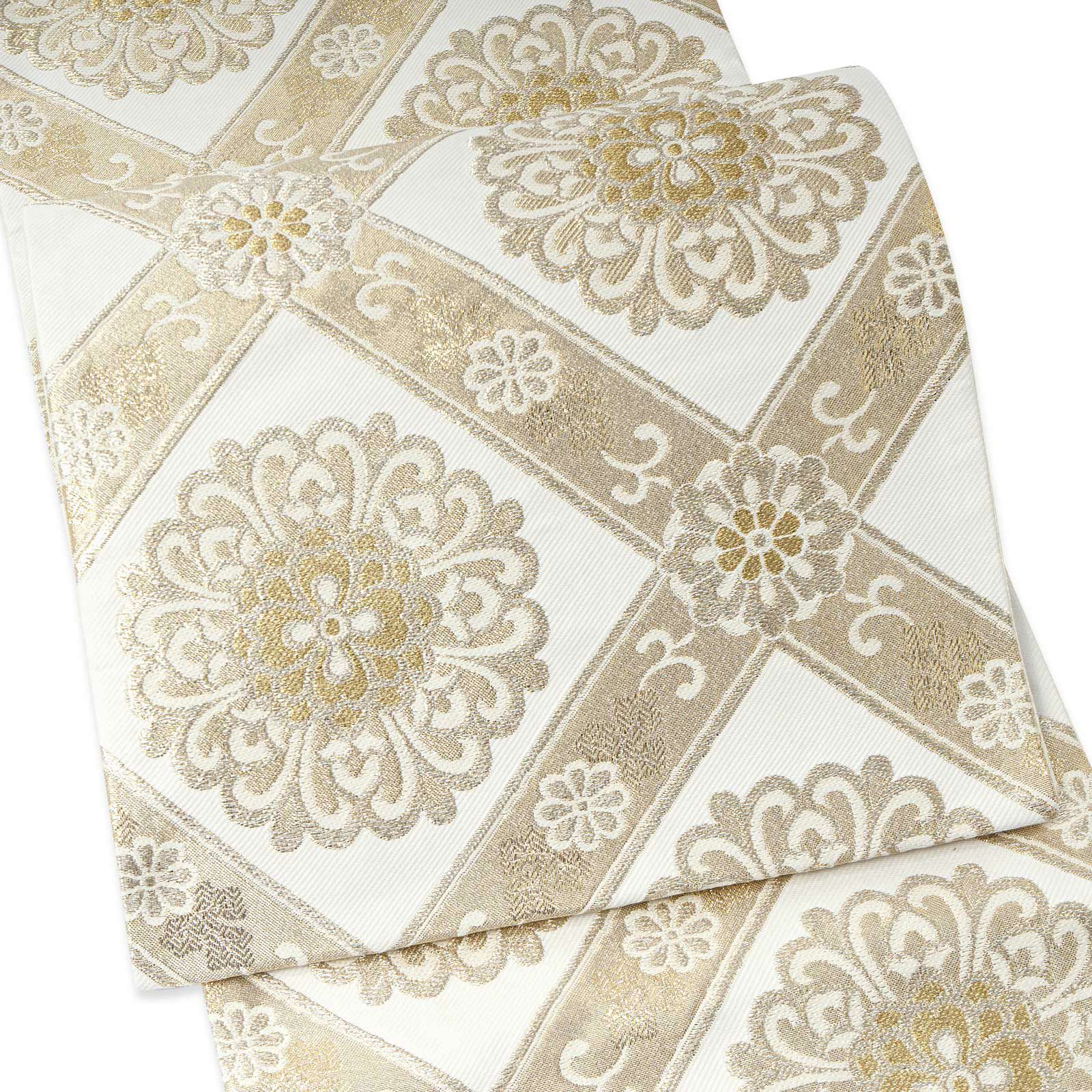 振袖 袋帯 単品「白×ゴールド 唐花格子」六通柄 日本製 お仕立て上がり  