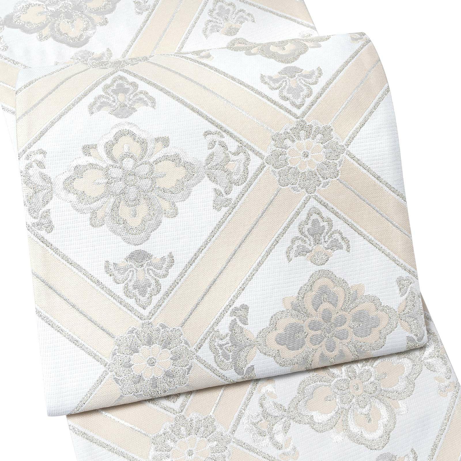 振袖 袋帯 単品「白鼠色 白×金 花唐草」六通柄 日本製 お仕立て上がり 