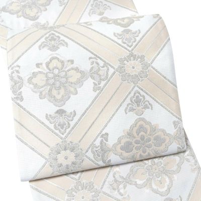 振袖 袋帯 単品「白×生成り色 花菱格子」六通柄 日本製 お仕立て上がり 振袖用 袋帯 お仕立て済 振袖帯 結婚式 成人式 フォーマル【メール便不可】