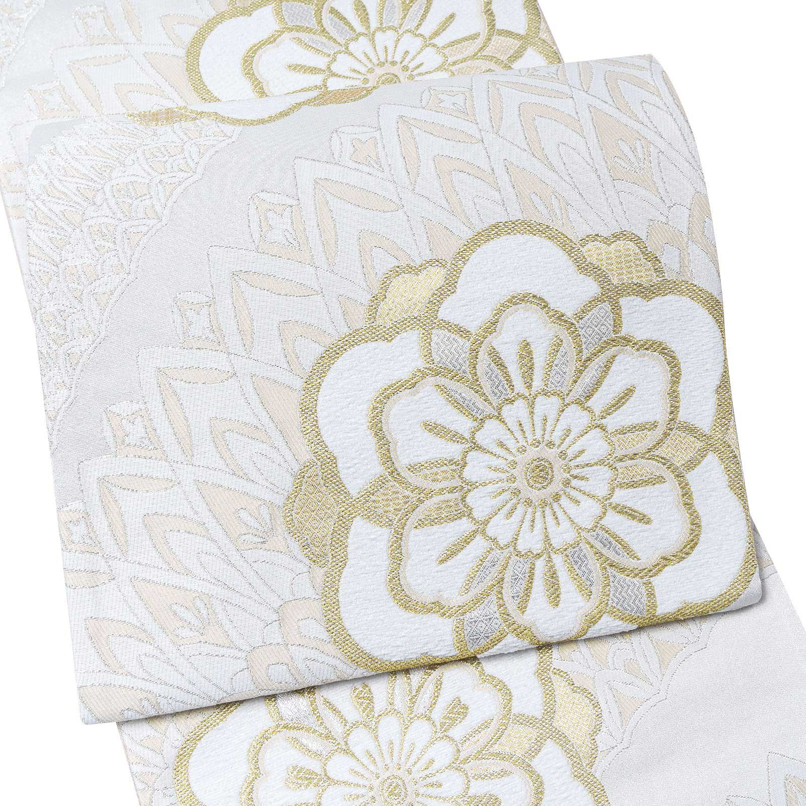 振袖 袋帯 単品「白×生成り色、金 唐花」六通柄 日本製 お仕立て上がり 振袖用 袋帯 お仕立て済 振袖帯 結婚式 成人式 フォーマル【メール便不可】