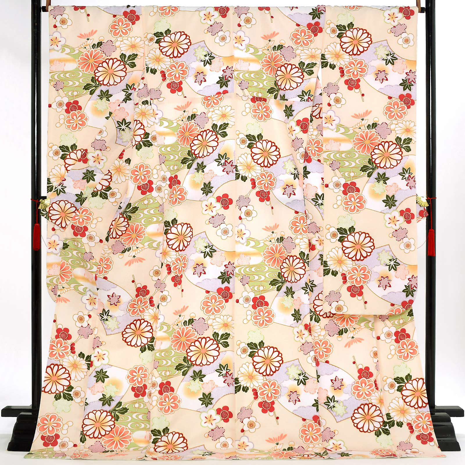 【中古品】仕立て上がり 振袖「地紙文様 梅 菊 楓 薄だいだい地」貸衣装処分 レンタル処分品 成人式【メール便不可】ss2503fml10
