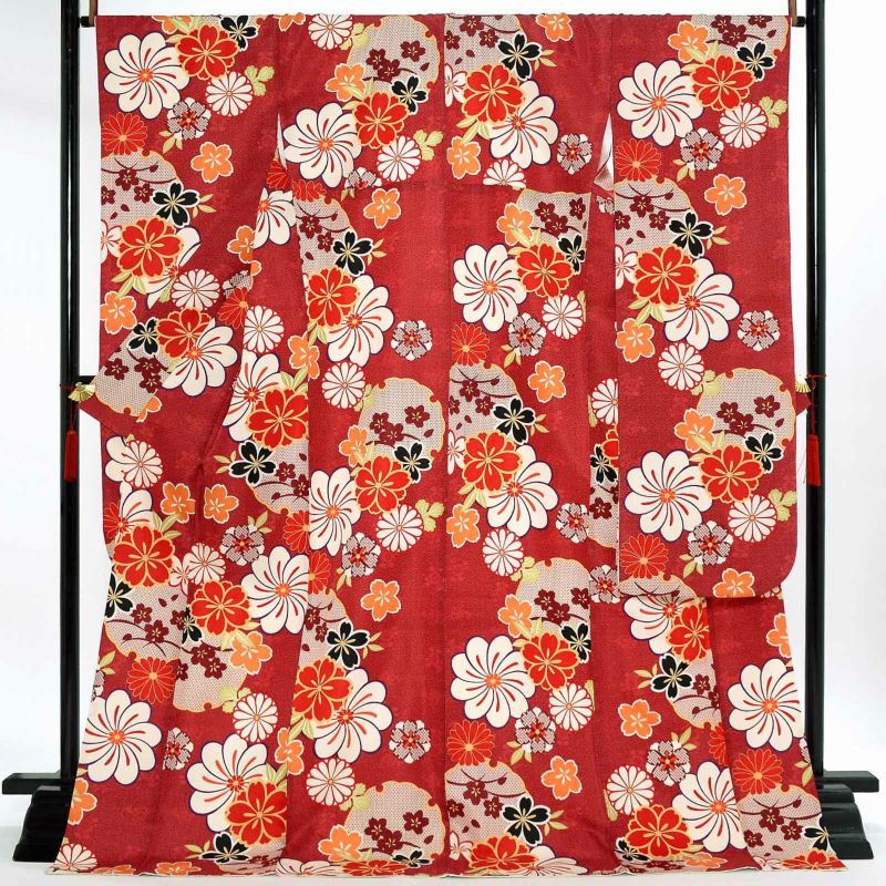 【中古品】仕立て上がり 振袖「雪輪 ねじり菊に桜 深緋色」貸衣装処分 レンタル処分品 成人式【メール便不可】ss2503fml10