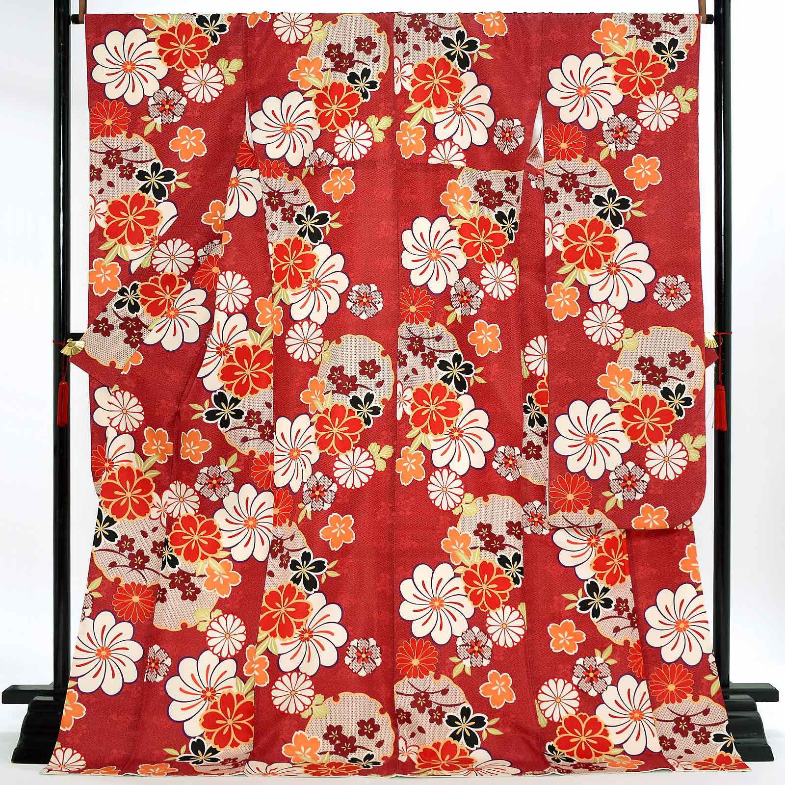【中古品】仕立て上がり 振袖「雪輪 ねじり菊に桜 深緋色」貸衣装処分 レンタル処分品 成人式【メール便不可】ss2503fml10