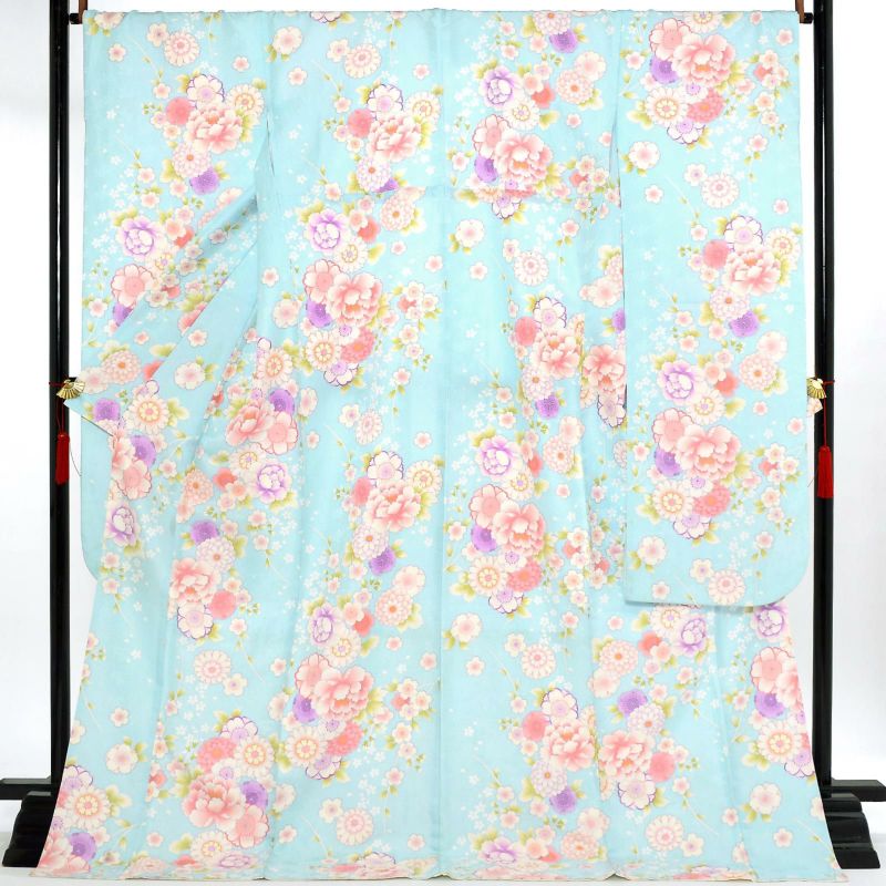 【中古品】仕立て上がり 振袖「牡丹 桜 菊 水色」貸衣装処分 レンタル処分品 成人式【メール便不可】ss2503fml10