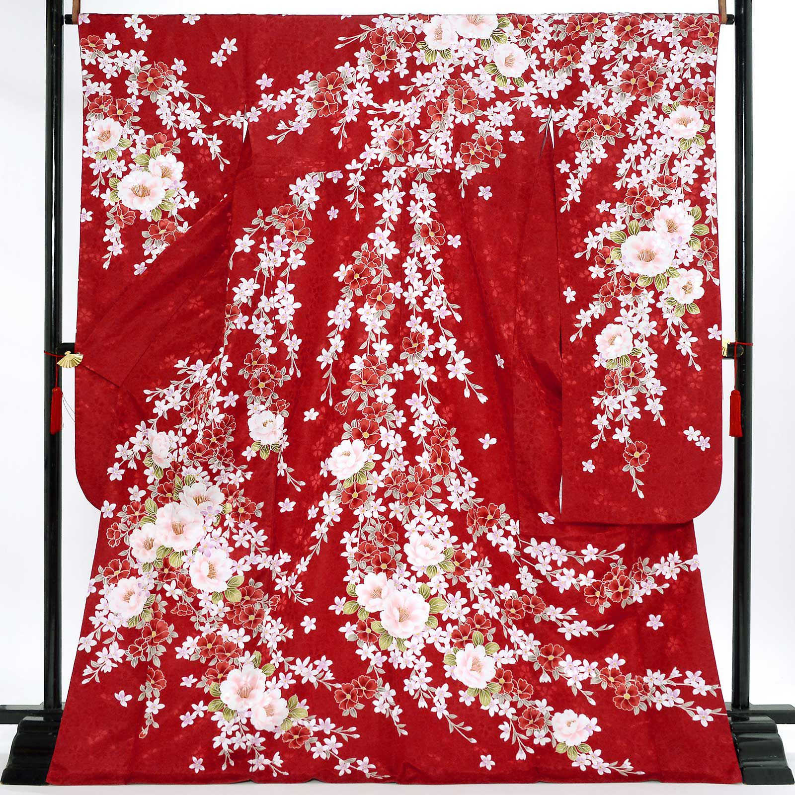 【中古品】仕立て上がり 振袖「桃の花 臙脂色」貸衣装処分 レンタル処分品 成人式【メール便不可】ss2503fml10