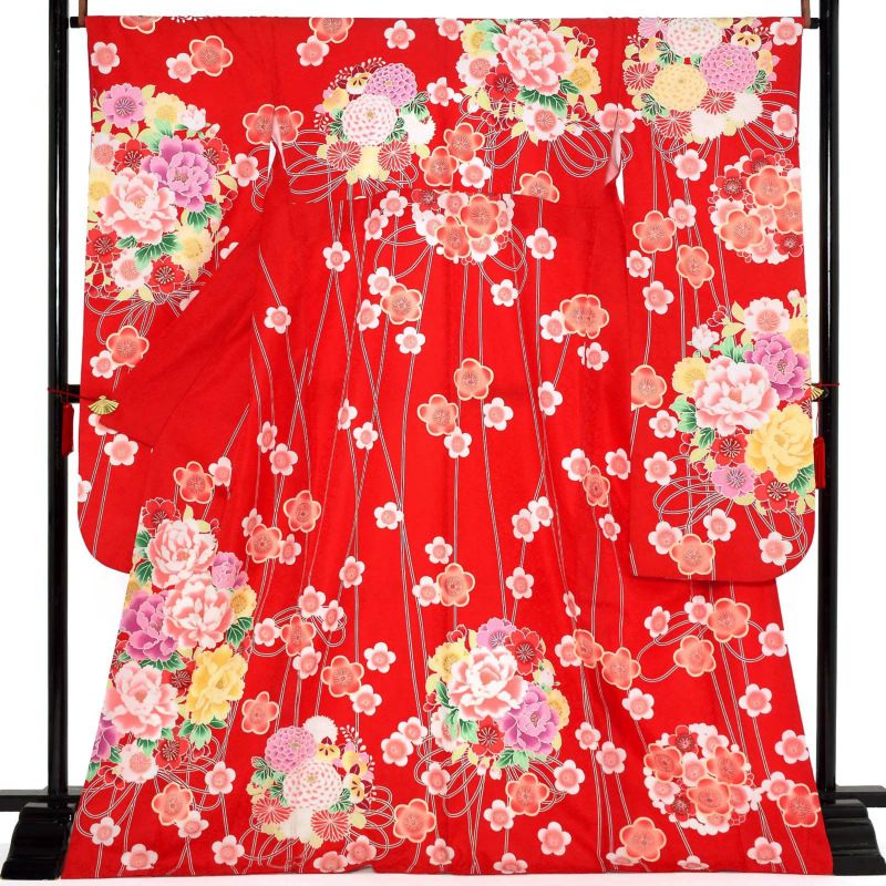 【中古品】仕立て上がり 振袖「花薬玉 季節の花 緋色」貸衣装処分 レンタル処分品 成人式【メール便不可】ss2503fml10