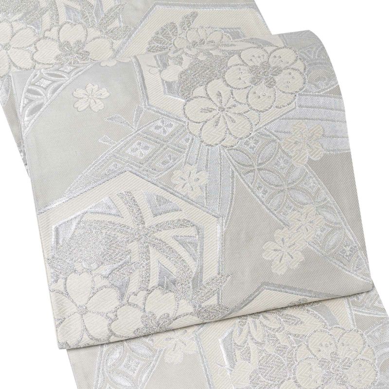 振袖 袋帯 単品「灰白色×銀　笹に亀甲、花」日本製 お仕立て上がり 振袖用 袋帯 お仕立て済 振袖帯 結婚式 成人式 フォーマル【メール便不可】