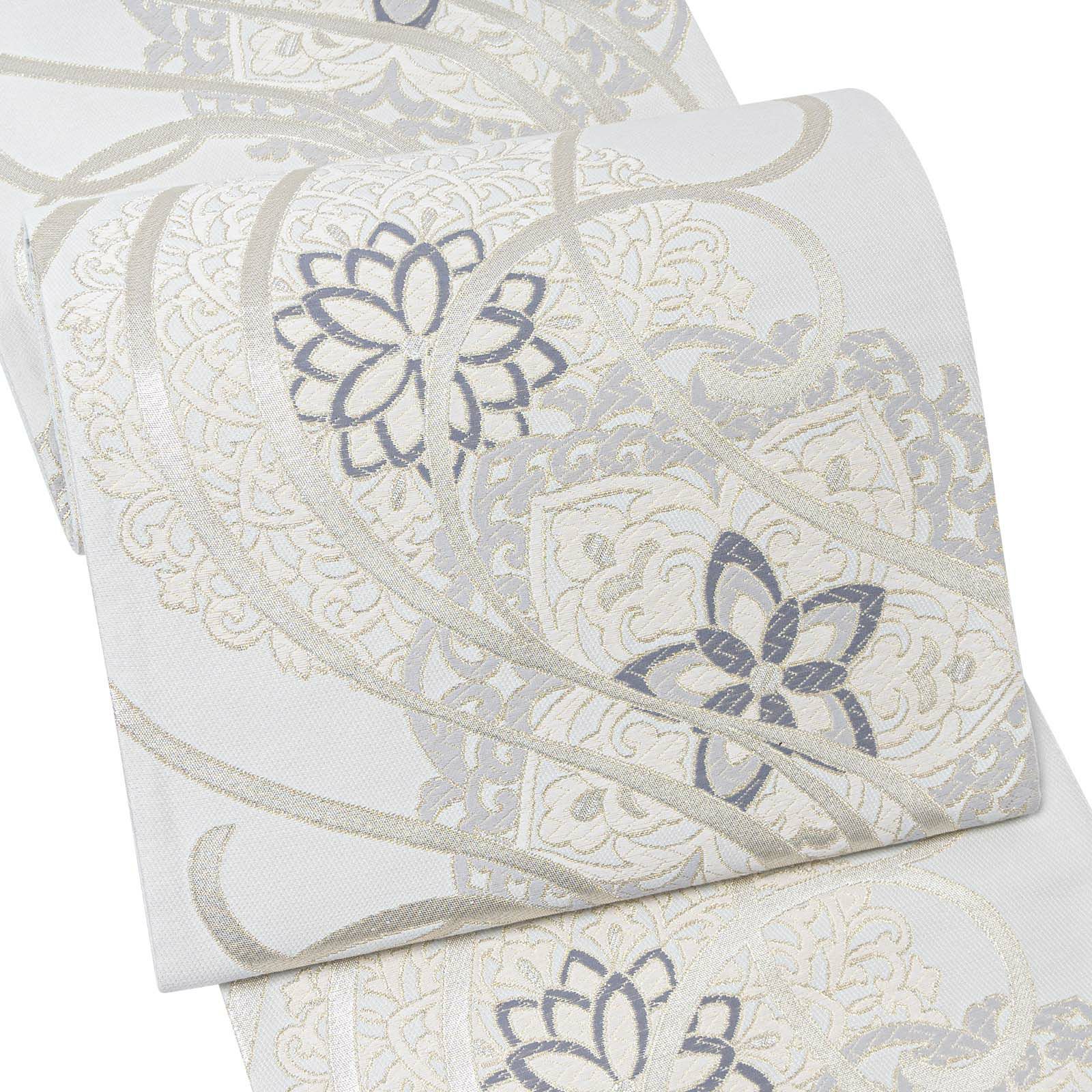 振袖 袋帯 単品「灰白色地、灰青　蔓唐花」日本製 お仕立て上がり 振袖用 袋帯 お仕立て済 振袖帯 結婚式 成人式 フォーマル【メール便不可】