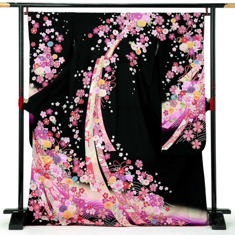 【中古品】仕立て上がり 振袖「花くす玉 束ね熨斗 黒地に生成り紫ぼかし」貸衣装処分 レンタル処分品 成人式【メール便不可】ss2503fml10
