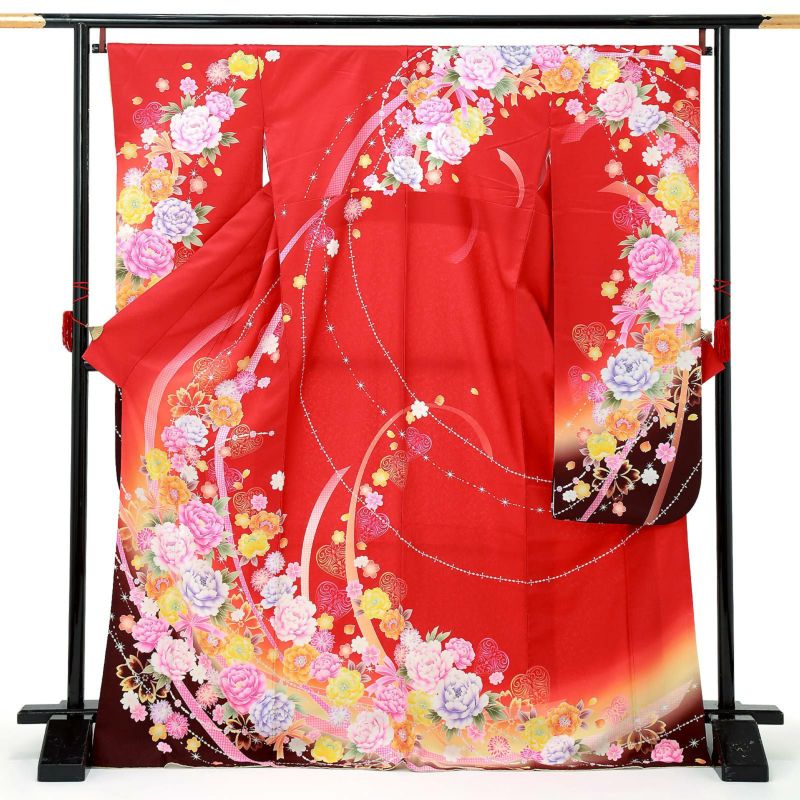 【中古品】仕立て上がり 振袖「リボンにバラと牡丹 朱赤」貸衣装処分 レンタル処分品 成人式【メール便不可】ss2503fml10