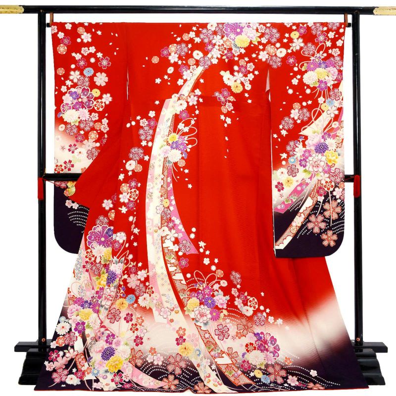 【中古品】仕立て上がり 振袖「花薬玉 束ね熨斗 赤」貸衣装処分 レンタル処分品 成人式【メール便不可】ss2503fml10