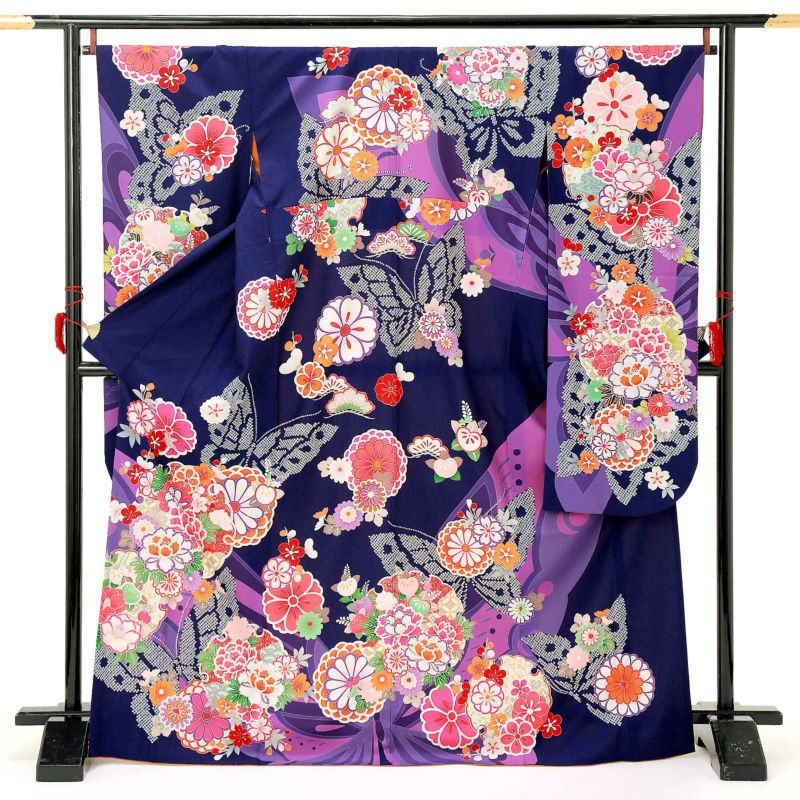 【中古品】仕立て上がり 振袖「玉城ティナ×キスミス 蝶 雪輪に花 紺桔梗色」貸衣装処分 レンタル処分品 成人式【メール便不可】ss2503fml10