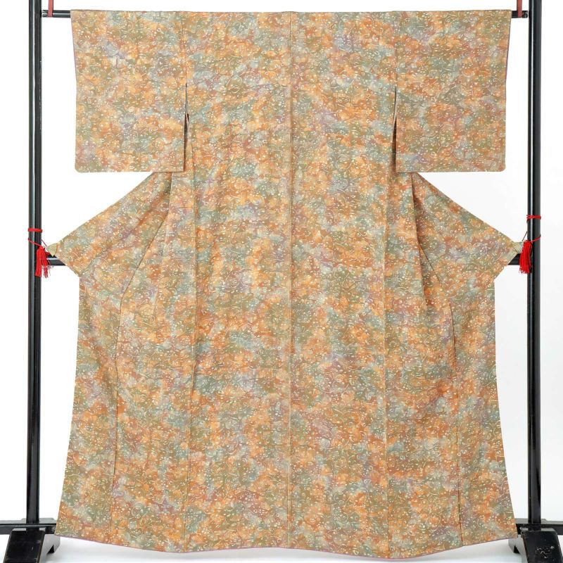 【中古品】仕立て上がり 袷着物「抽象柄 唐草 茶 松葉 濃朽葉色」小紋【メール便不可】ss2503fml10