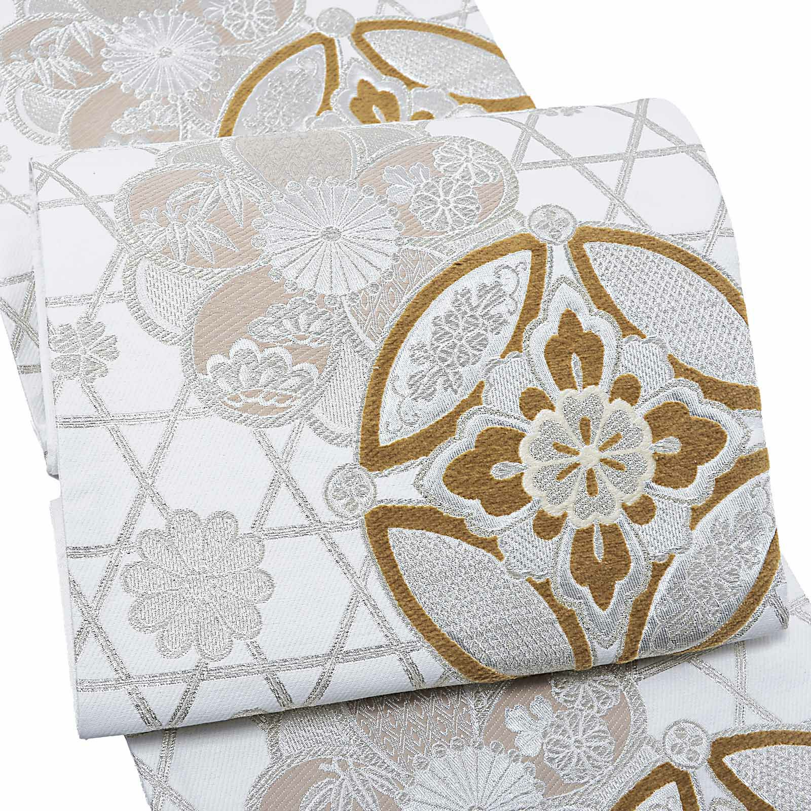 振袖 袋帯 単品「白地、銀×茶 籠目に七宝、花紋」日本製 お仕立て上がり 振袖用 袋帯 お仕立て済 振袖帯 結婚式 成人式 フォーマル【メール便不可】