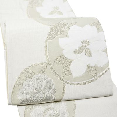 振袖 袋帯 単品「白地、銀×灰色 丸に花紋」日本製 お仕立て上がり 振袖用 袋帯 お仕立て済 振袖帯 結婚式 成人式 フォーマル【メール便不可】