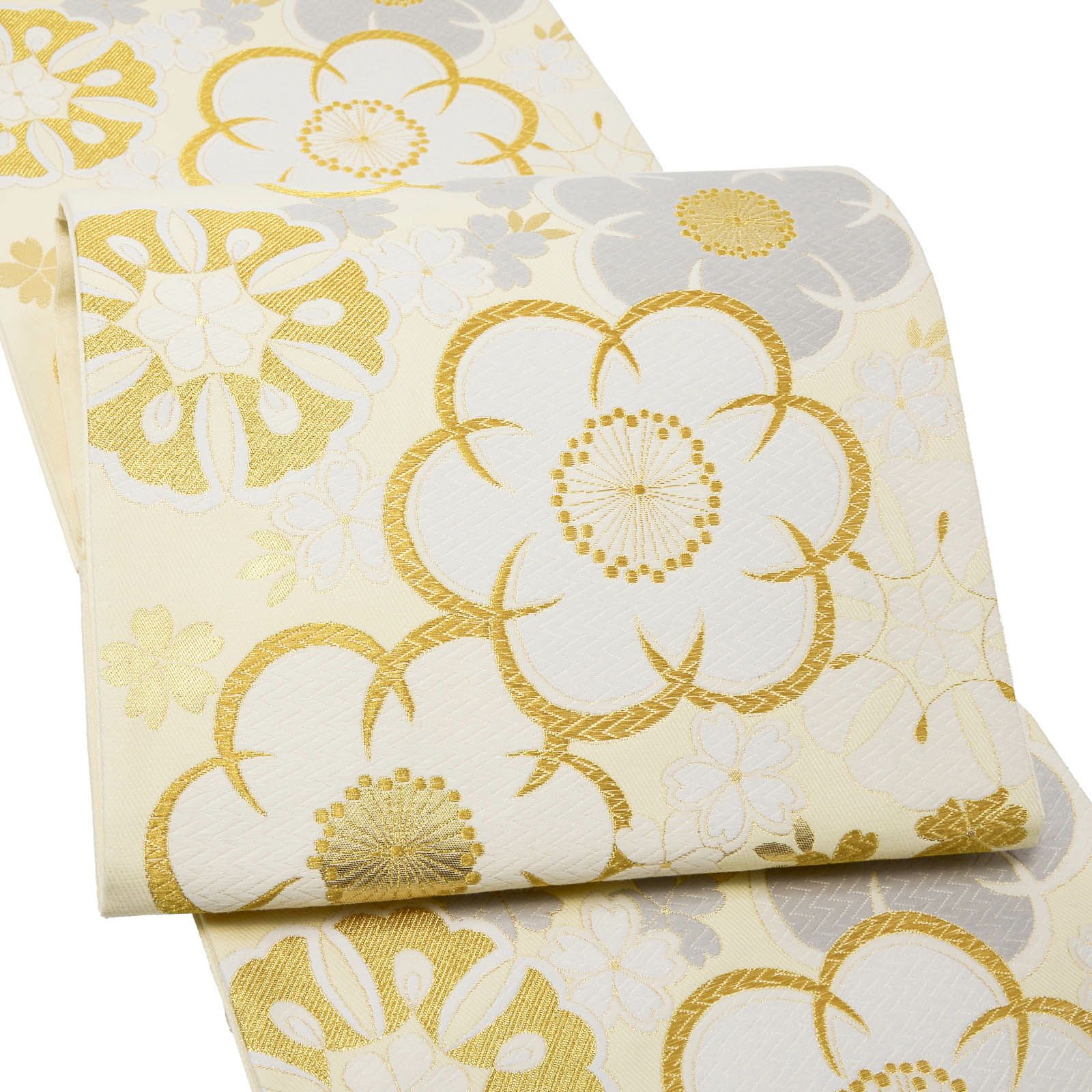 成人式卒業式10％OFF12/11迄)振袖 袋帯 単品「鳥の子色地 白×金 梅