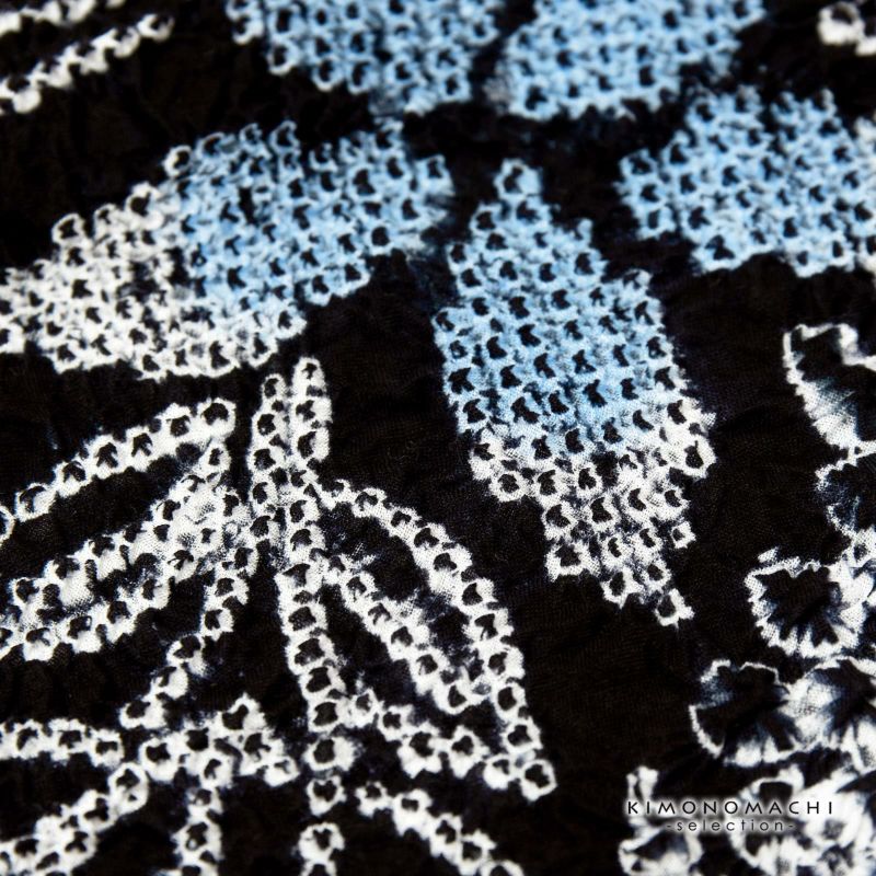 絞り浴衣反物 花しぼり「古都三浦 黒地、赤×青」有松絞り 女性浴衣