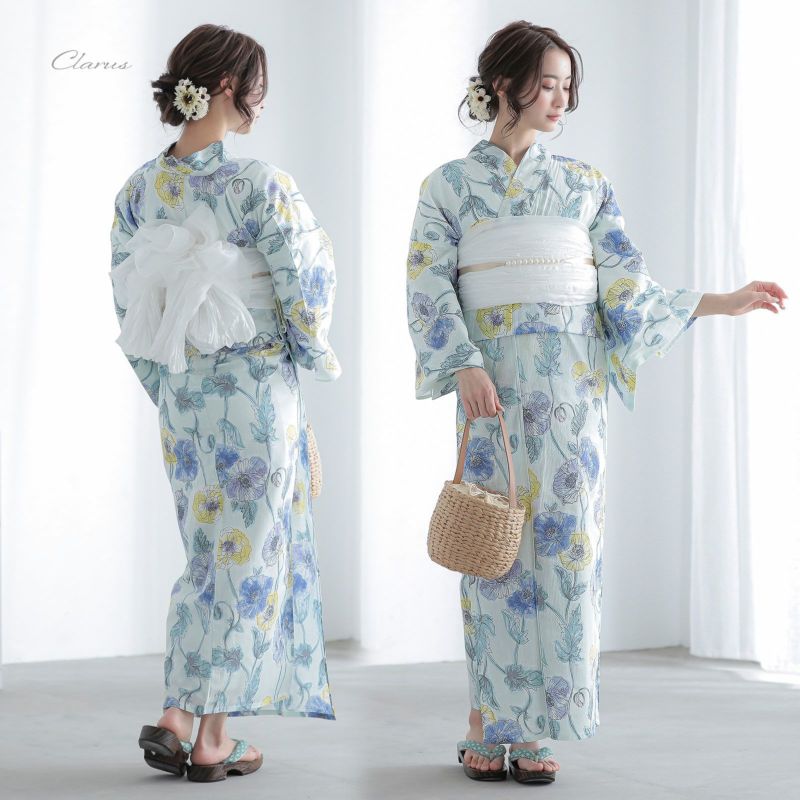 Clarus レディース 女性浴衣 単品「植物図鑑 ブルー系（寒色系）ロサ・カニーナ / パパウェル・ロエアス / アネモネ・コロナリア / マルチフローラ」F/フリーサイズ 綿浴衣 大人可愛い きもの町オリジナル 女性用浴衣 ゆかた yukata【メール便不可】 Clarus レディース 女性浴衣 単品「植物図鑑 ブルー系（寒色系）ロサ