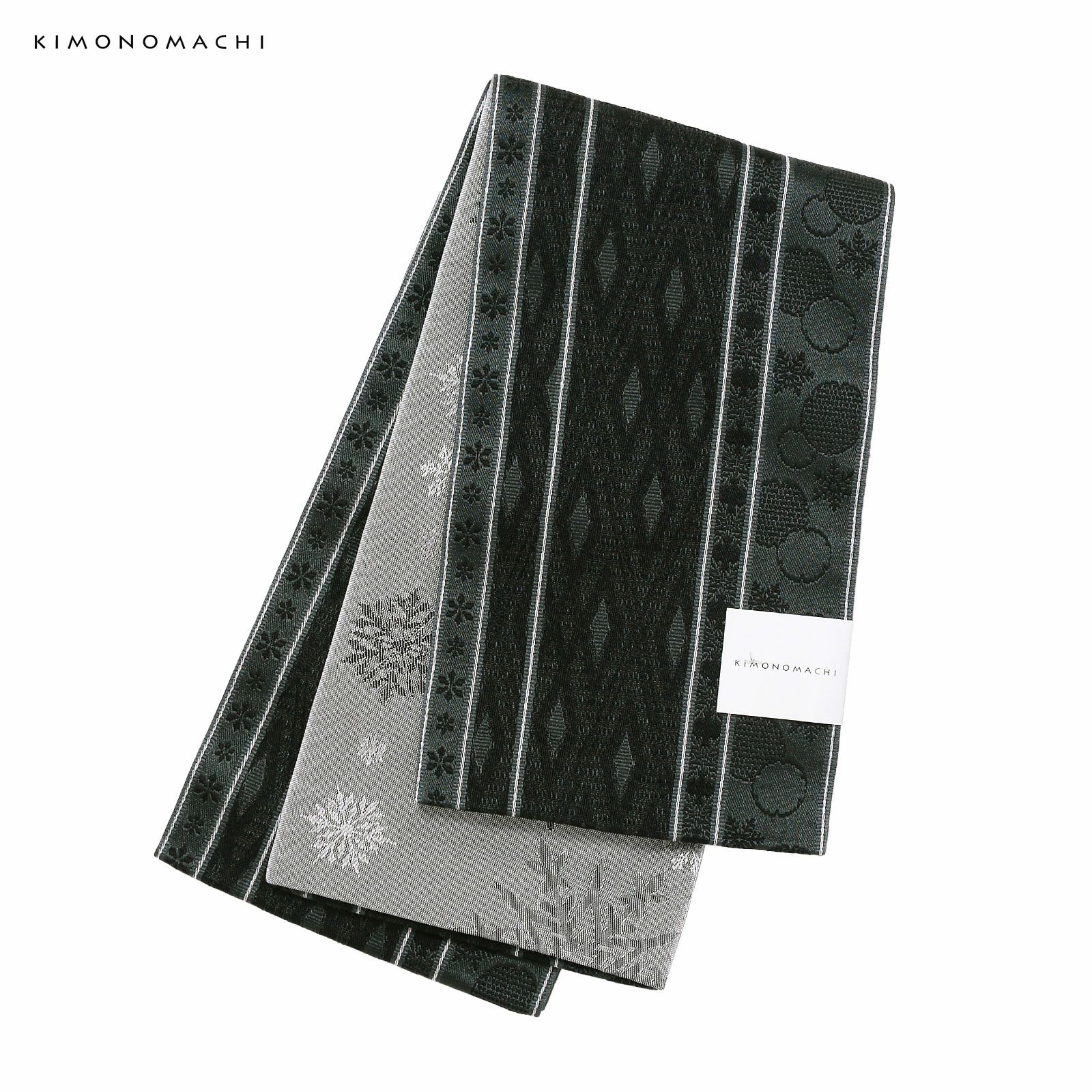 浴衣 帯 半幅帯 単品「雪と菱格子 墨黒」大人 小袋帯 レディース 女性用 浴衣帯 半巾帯 半幅帯単品 京都きもの町オリジナル KIMONOMACHI【メール便不可】
