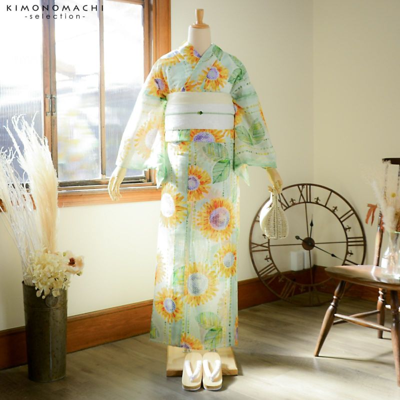 美品 綿絽 浴衣 着物 A3461 浴衣 レディース ブランド浴衣 単品「みすゞうた 向日葵 黄色 M