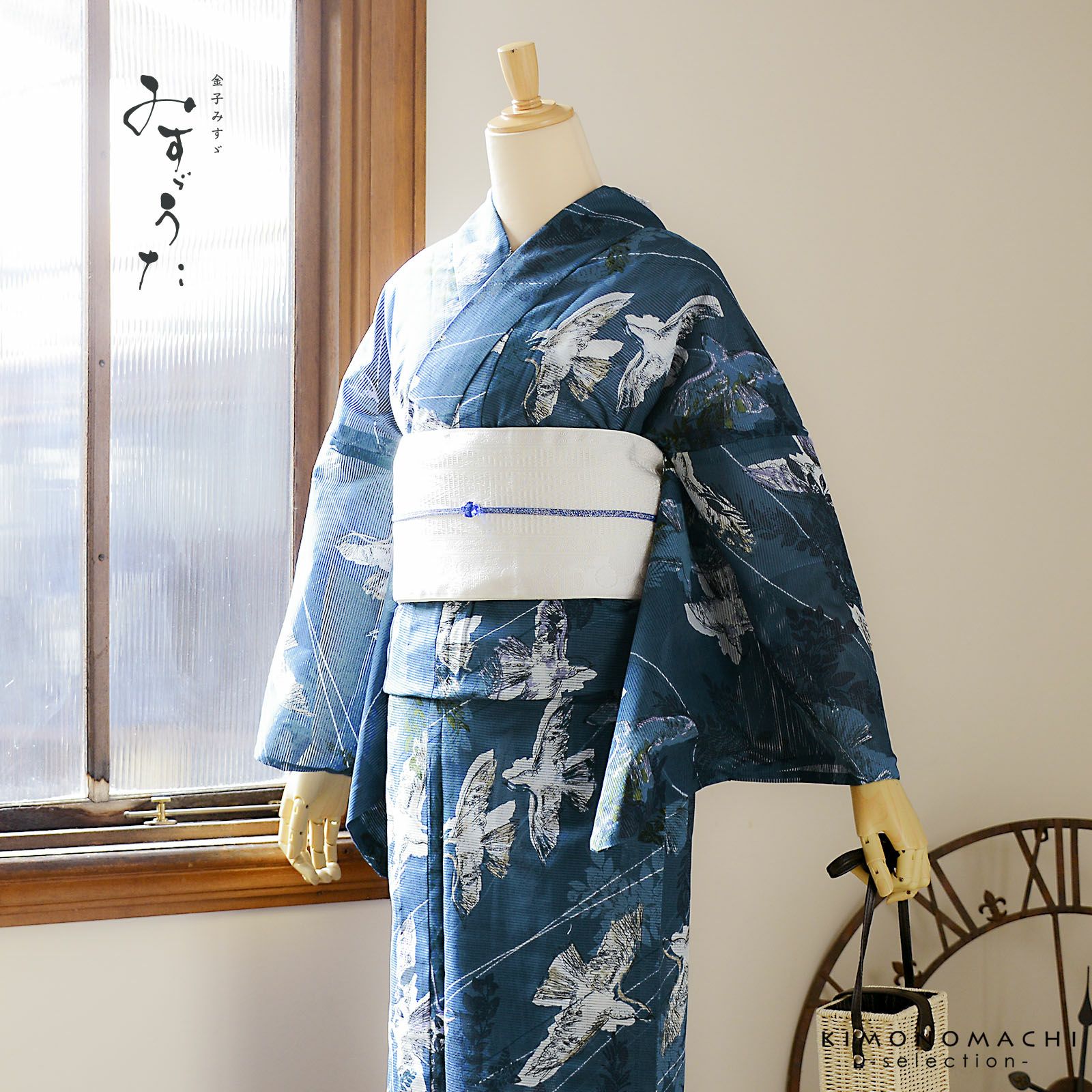 浴衣 レディース ブランド浴衣 単品「みすゞうた 花と鳥 紺鼠色 M 2506」Fサイズ 大人 綿絽浴衣 女性浴衣単品 レディース浴衣単品 個性的 花火大会 夏祭り 女性浴衣 女性ゆかた 夏着物＜H＞【メール便不可】