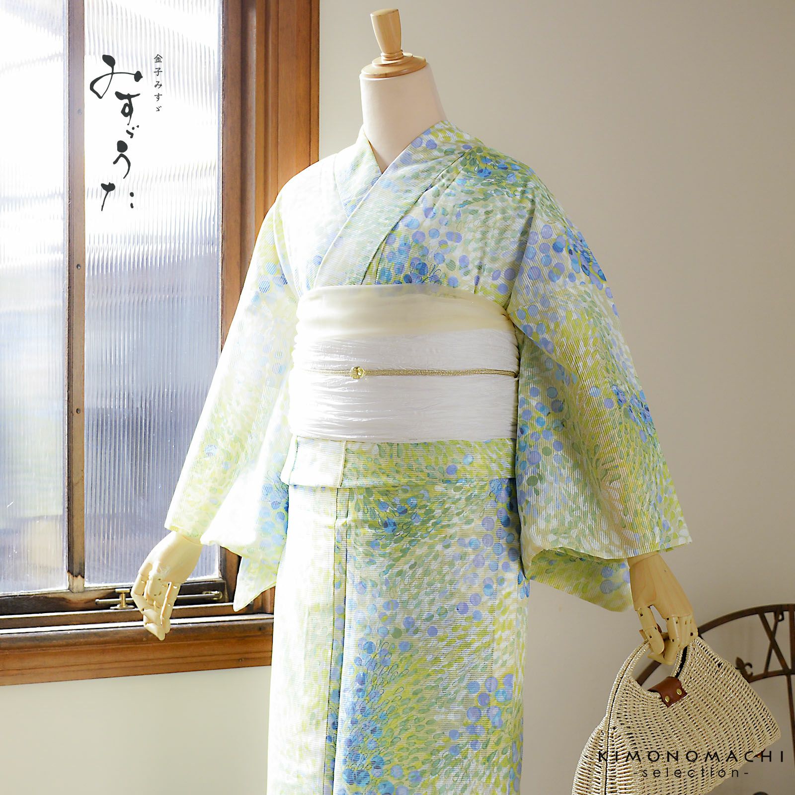 浴衣 レディース ブランド浴衣 単品「みすゞうた このみち 鶸色×水色 M 2517」Fサイズ 大人 綿絽浴衣 女性浴衣単品 レディース浴衣単品 個性的 花火大会 夏祭り 女性浴衣 女性ゆかた 夏着物＜H＞【メール便不可】