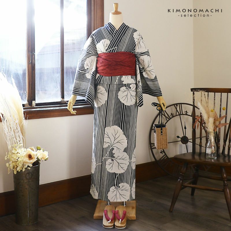 浴衣 レディース 女性浴衣 単品「花子倶楽部：墨黒 蕗」Fサイズ