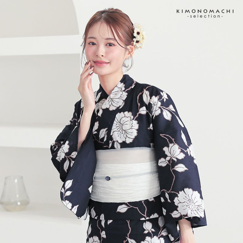 浴衣 レディース 女性浴衣 単品「スイートリリー：墨紺 芍薬」F