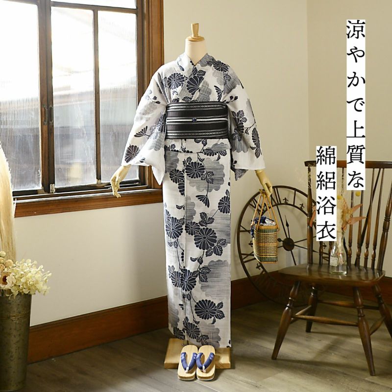 浴衣 レディース 単品 お仕立て上がり浴衣 綿絽浴衣「菊に雲形