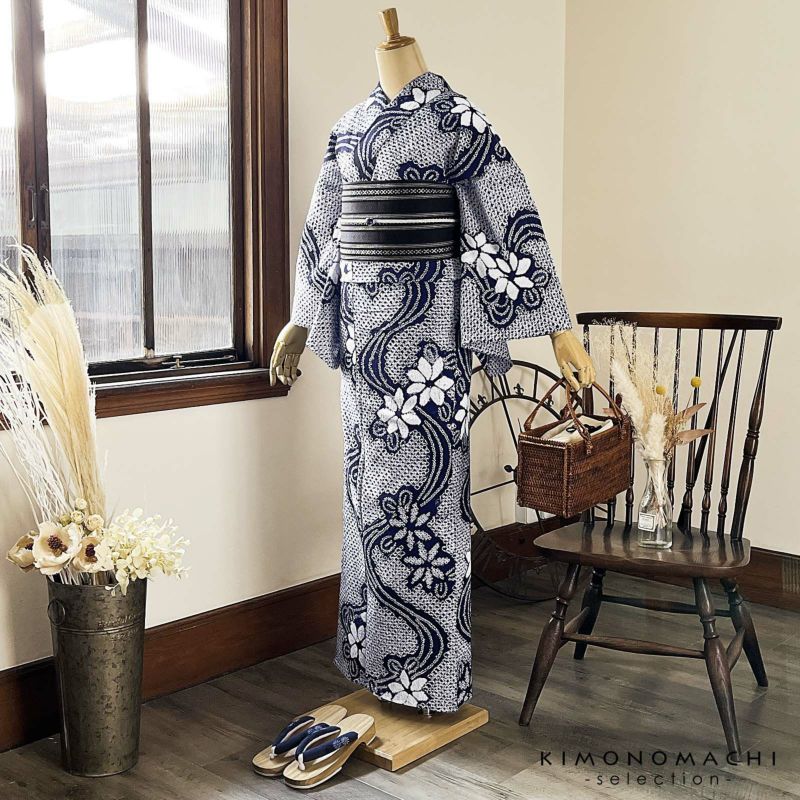 お仕立て上がり絞り浴衣単品「有松三浦、茉莉花 濃紺」有松絞り 女性