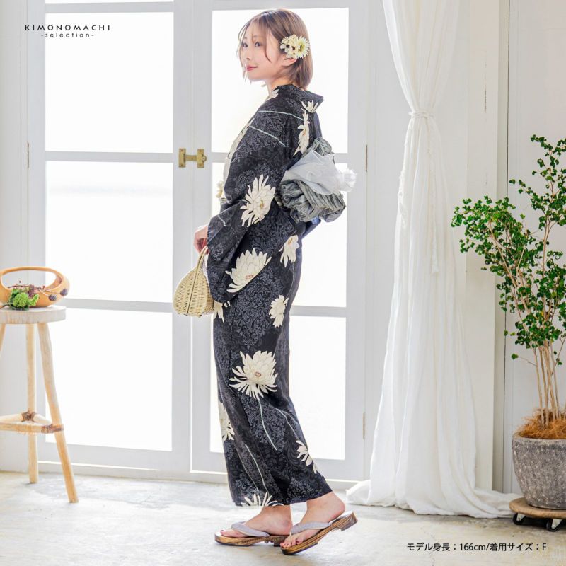 浴衣 レディース 女性浴衣単品「黒 アラベスク、ダリア」Fサイズ