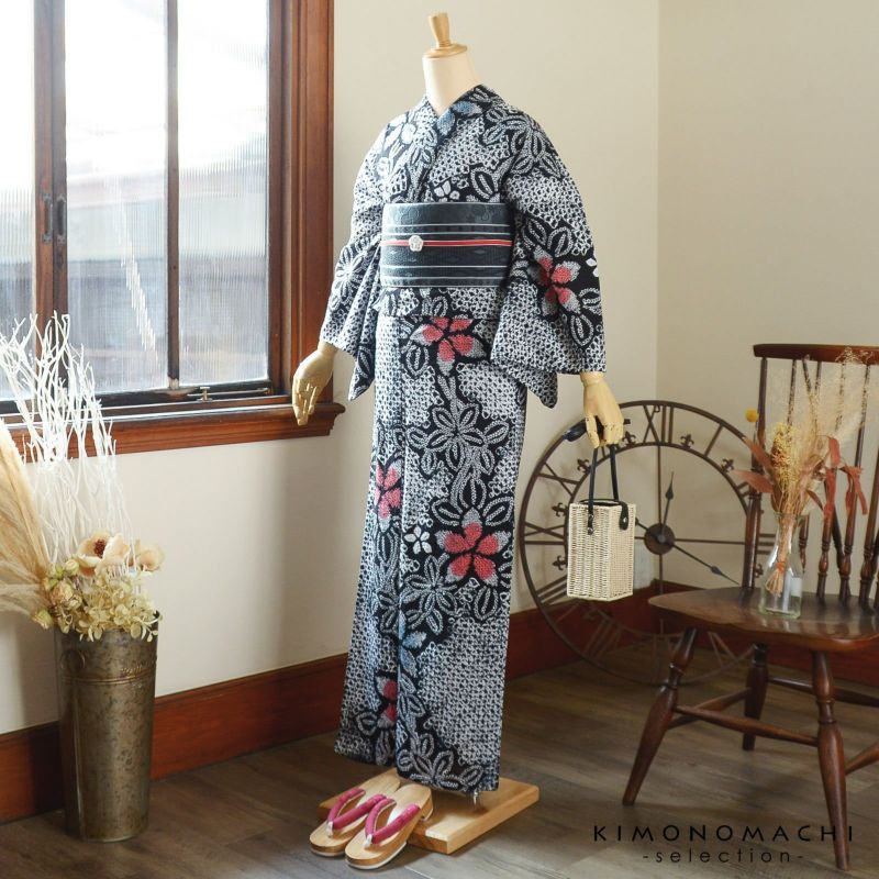 お仕立て上がり絞り浴衣単品 花しぼり「古都三浦 黒地、赤×青