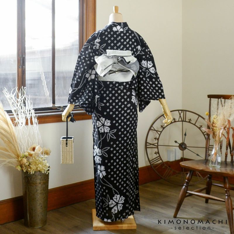 有松絞りの浴衣 縫い絞り 黒 花柄 綿 しぼり すぐに発送可