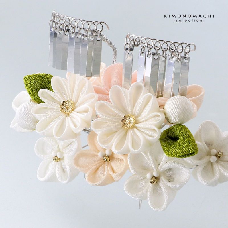 七五三 髪飾り 勝山かんざし 3点セット「白、灰梅色 梅菊」日本製 7歳