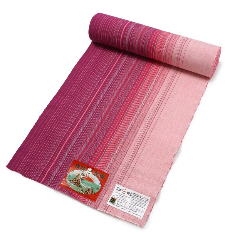 伊勢木綿 洗える着物 反物 レディース「滝縞 赤紫×ピンク」未仕立て